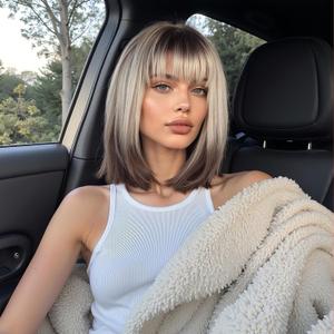 Bob Wig with Bangs Short Wigs for Women Ombre Brown to Blonde Synthetic Wig Straight Natural Hair Replacement Wigs Cosplay with Dark Roots for Holiday Daily Party Use 14 Inches