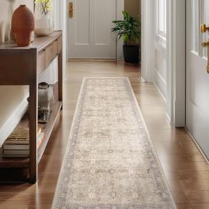 Beige Neutral 2x6 Runner Rug for Hallways Entryway, Vintage Earth Tone Kitchen Bathroom Runner 6ft, Non Slip Washable Low Pile Thin Carpet Runner for Mudroom/Laundry Room/Bedroom Bedside (Beige/Taupe/Multi)