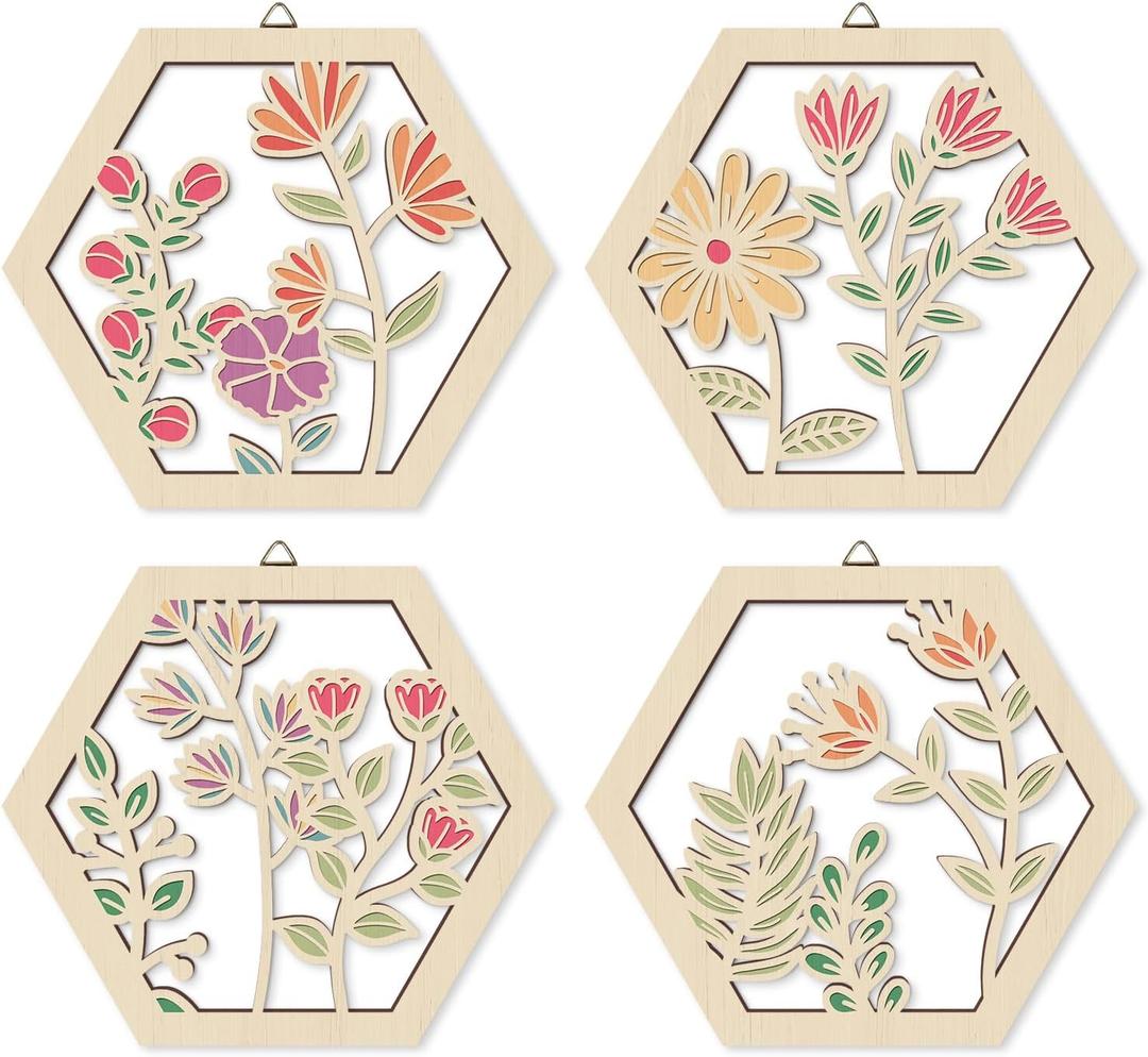 HOURIA 4 PCS Boho Flower Wall Art,Watercolor Wildflower Wooden Wall Hanging Decor for Living Room,8"*10" Inches Pink Beige Aesthetic Wood Wall Hanging,Botanical Floral Wall Art for Apartment Bedroom
