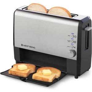 West Bend QuikServe Toaster, 2-Slice Wide-Slot Slide-Through Bread Toaster with Bagel and Gluten-Free Settings and Cool-Touch Exterior Fast Toasting, Includes Removable Serving Tray, 1400-Watts, Silver