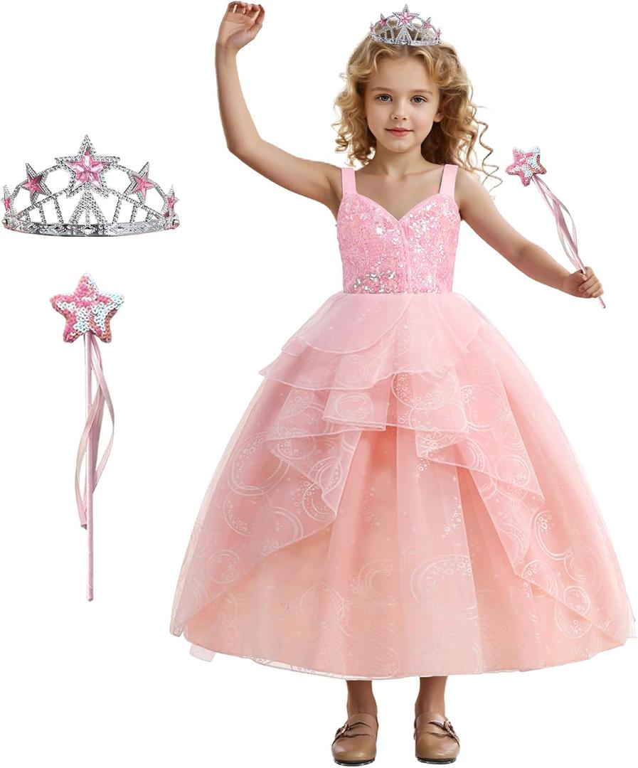 Kids Pink Witch Costume for Girls Bubble Dress Pink Mesh Sequin Outfits with Accessories 150