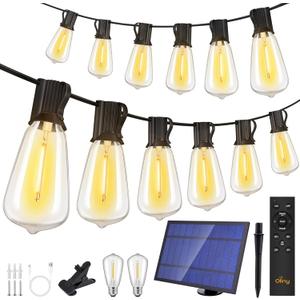 Ollny 50+2 LEDs ST38 Solar String Lights, 100 FT USB & Solar Dual Charging Outdoor String Lights, 3 Modes 5 Timers 10 Brightness 2200K Waterproof Patio Lights for Porch Garden Market Bistro Camping