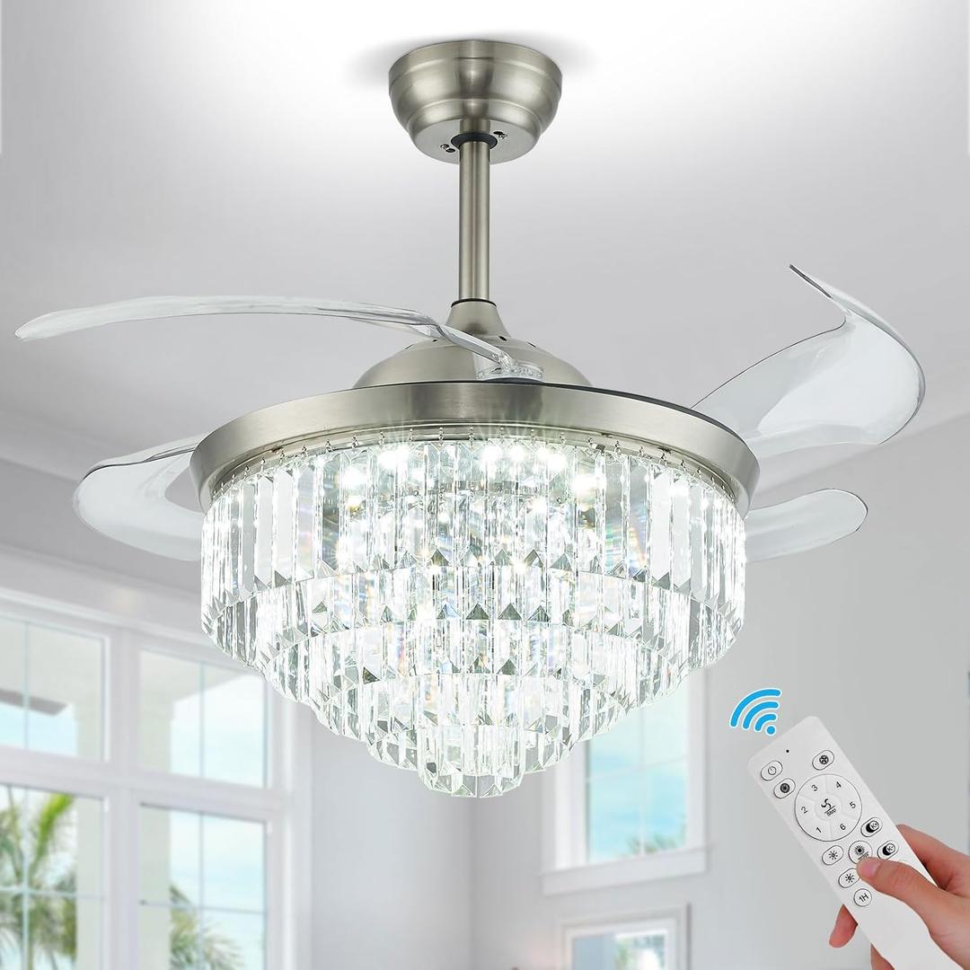 42" Dimmable LED Ceiling Fan with Light Crystal Chandelier Fan with Remote Control Noiseless Reversible Motor for Bedroom Living Room Study Kitchen Dinning Room (Nickel)