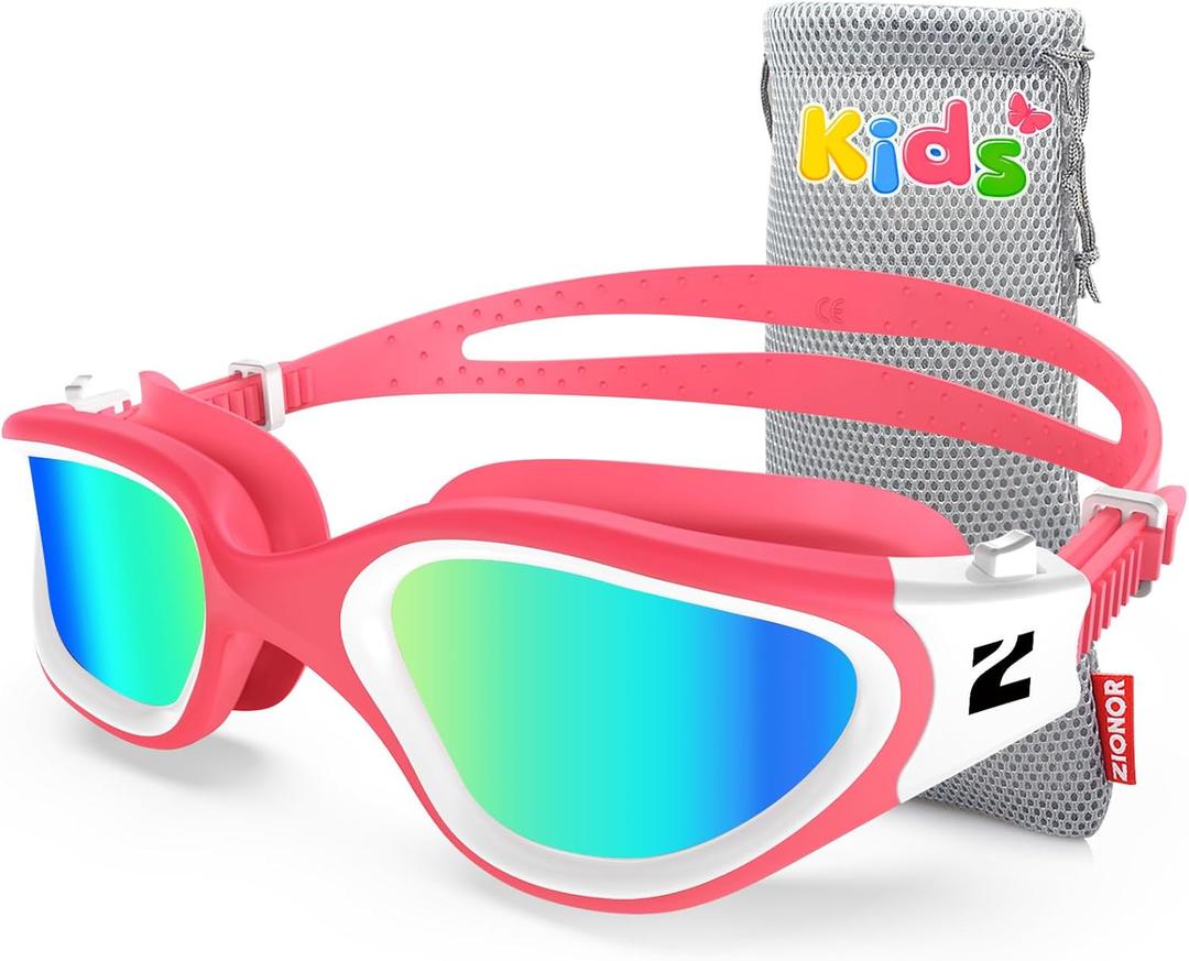 ZIONOR Kids Swim Goggles, G1MINI SE Anti-Fog Swimming Goggles for Kid Child 6-14 (B8 (Pinkwhite-gold))
