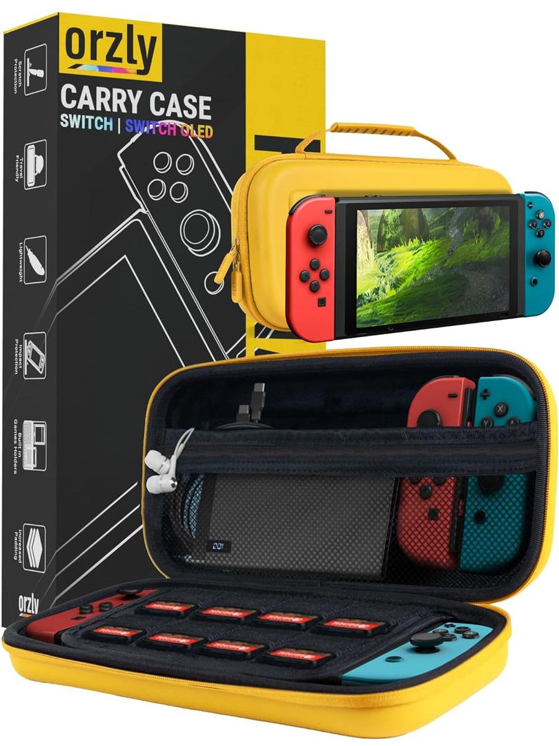Orzly Carrying Case for Nintendo Switch OLED and Switch Console - Yellow Protective Hard Portable Travel case Shell Pouch for Nintendo Switch Console & Accessories