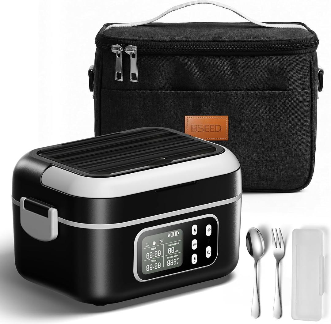 BSEED Cordless Electric Lunch Box for Adults, 27000mAh & 6.3 Cups Rechargeable Self Heating Lunch Box-Automatic Heating & Keep Warm, Portable Food Warmer with Insulated Bag for Driver/Worker/Traveller, Black