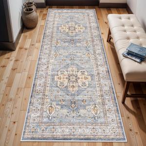 Washable Hallway Runner Rug 3x8: Non Slip Runner Rugs with Rubber Backing Soft Kitchen Rug Farmhouse Distressed Carpet Runner for Living Room Bedroom Bathroom (Blue, 3X8) (3 x 8 Feet)
