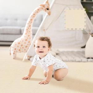 Puzzle Play Mat 16 Tiles with 32 Border Pieces, Interlocking Stitching Mat with Border for Living Room Playroom Gym, 11.8 x 11.8 Inch Beige