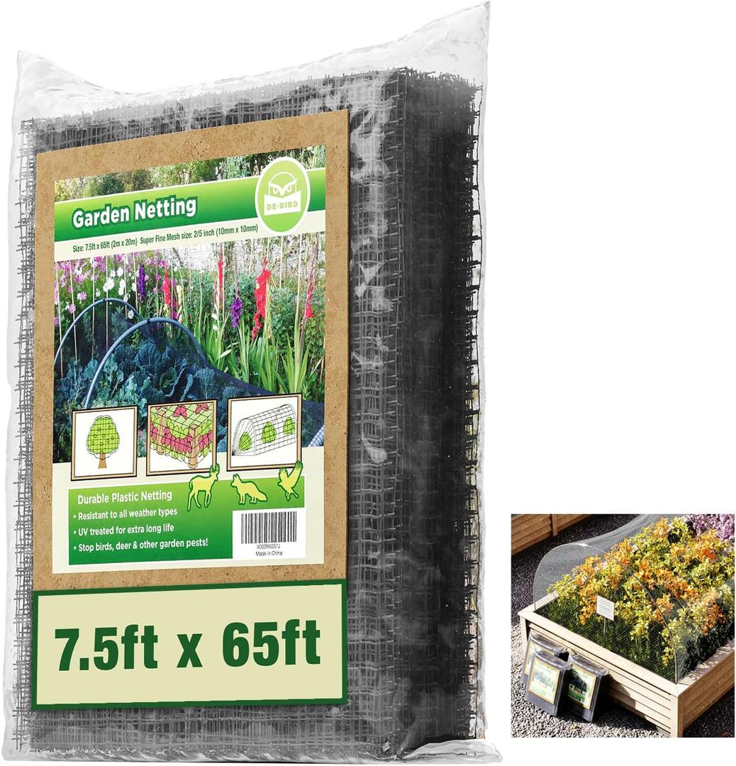 De-Bird Bird Netting for Garden - 7.5 ft x 65 ft, Green Plastic - Garden Mesh Netting - Animal Fence & Plant Protection
