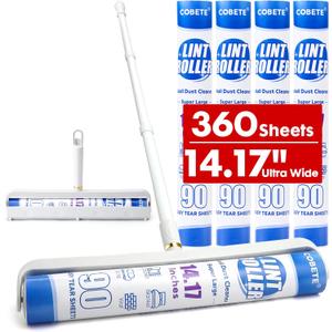 COBETE 14.17in Large Floor Lint Rollers for Pet Hair Extra Sticky, 45in Long Handle Giant Hair Picker Upper from Sticky Mop, for Cleaning Dog Cat Hair Animal Fur Removal Roller Couch Bed Sheet Carpet