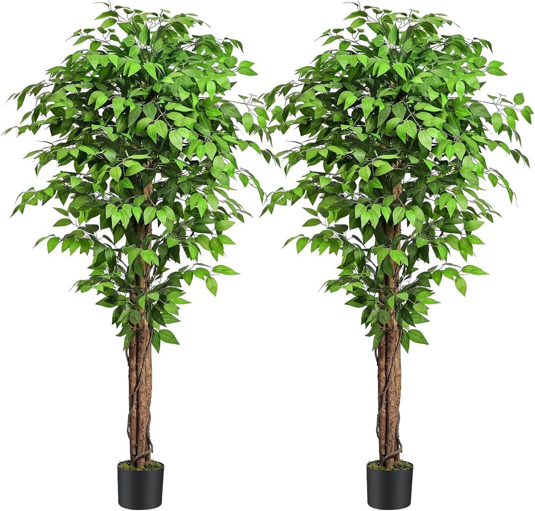 6.2ft Ficus Artificial Trees with 3 Natural Curved Trunks, 74" Tall Lush Faux Tree for Home Decor Indoor, Green Lifelike Fake Ficus Tree Plants (Set of 2)