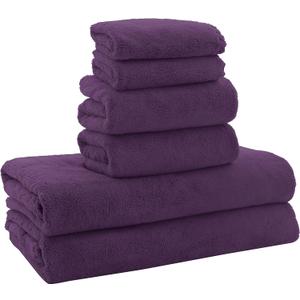 MOONQUEEN Ultra Soft Microfiber Coral Velvet Towel Set - Quick Drying - 2 Bath Towels, 2 Hand Towels, 2 Washcloths - Plum, 6 Pcs