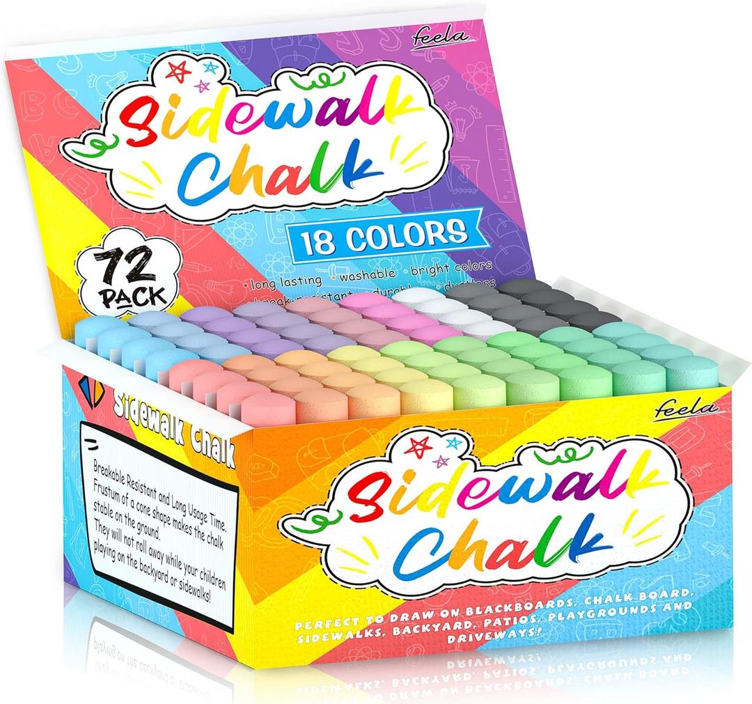 feela Sidewalk Chalk, 18 Colors 72 Pack Sidewalk Chalk Bulk Set, Jumbo Outdoor Chalk For Family, Paint on Sidewalk School Chalkboard Blackboard Street Playground