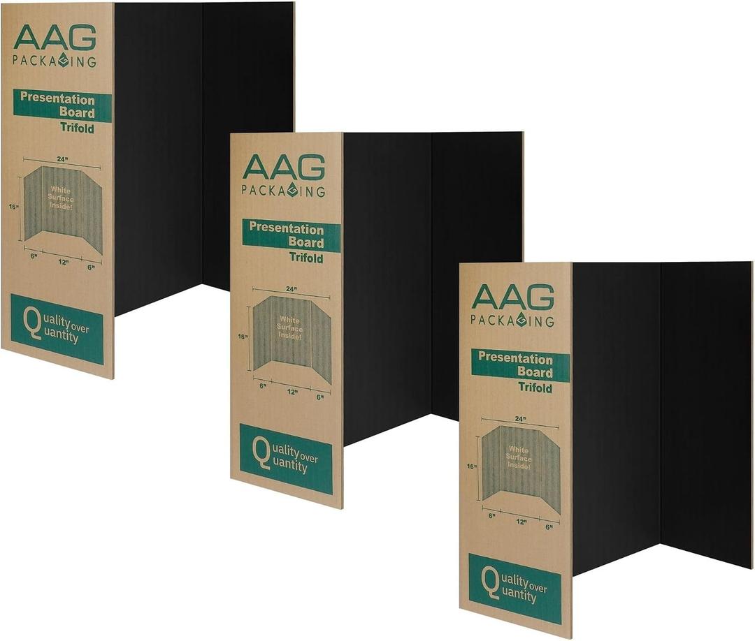 Trifold Presentation Board, Double-Wall Construction, Smooth Edges, Foldable Storage, for School Projects, Business Presentations (Black, 24 x 16 x 0.78 inch)