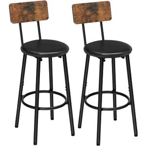 HOOBRO Bar Stools, Bar Stools Set of 2 with PU Upholstered, Bar Chairs with Footrest and Back, 26" Bar Stools for Kitchen Island, Dining Room, Easy to Assemble, Rustic Brown and Black BF31BY01G1