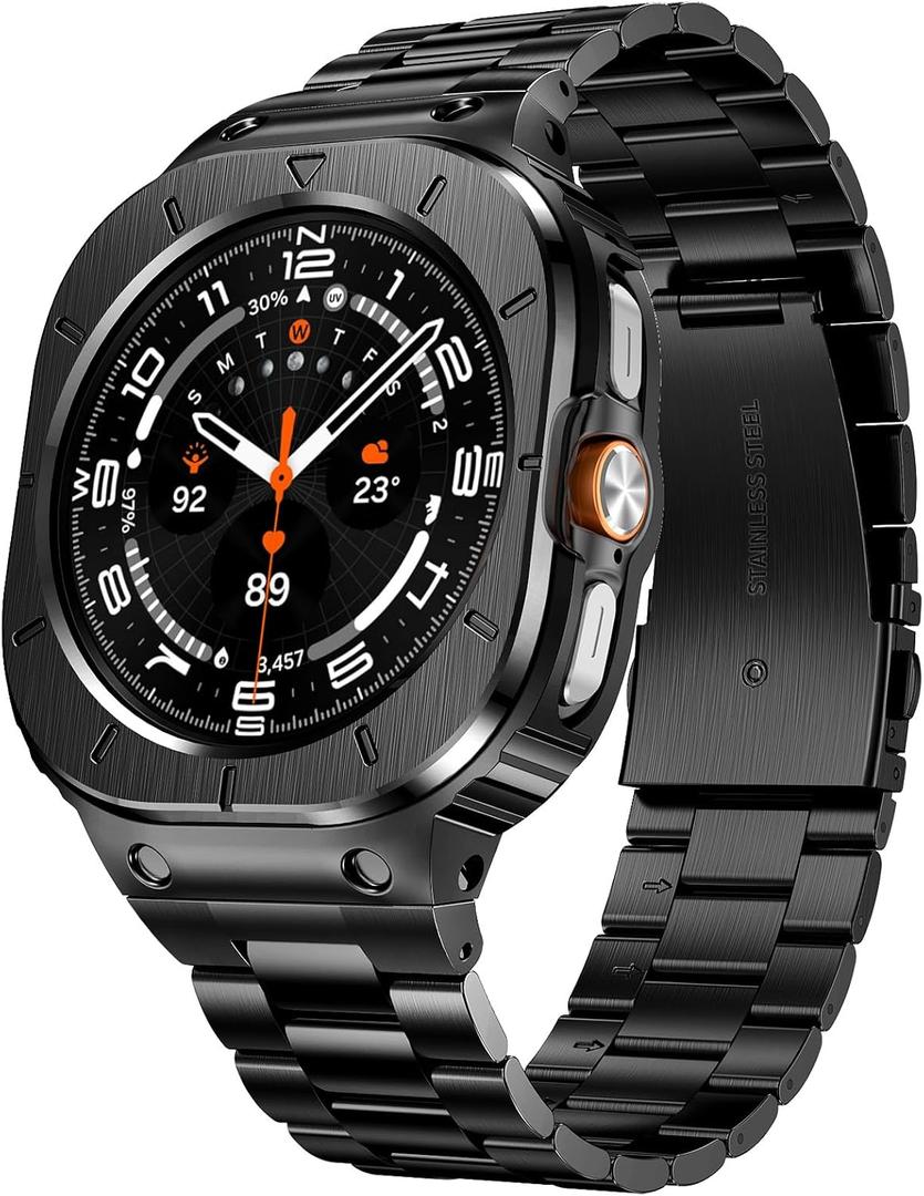 SUPLINK Stainless Steel Bands Compatible with Samsung Galaxy Watch Ultra Band for Men (2025/2024), Adjustable Metal Band Protective Bumper for Galaxy Watch Ultra Case Accessories 47mm,Black