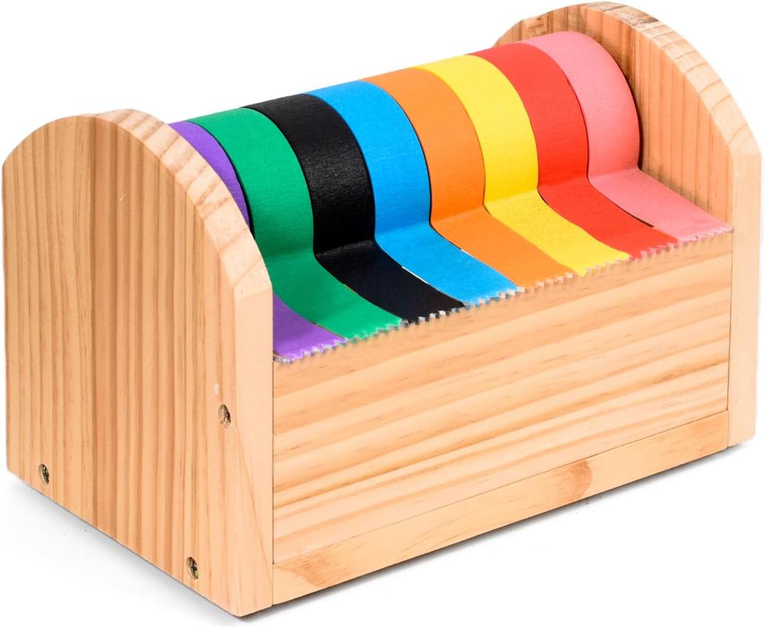 Kids Masking Tape Dispenser, Wooden Multi Roll Craft Tape Dispenser, Washi Tape Holder Organizer, Cutter for Gift Wrapping, Gift for Children Office Home School, Acrylic Serrated Cutter