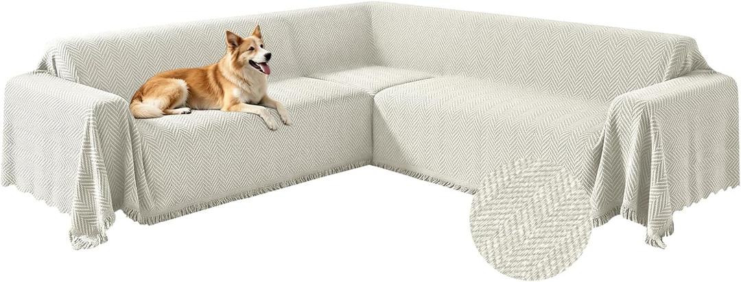 ALIECOM Corner Sectional Couch Covers L Shape Sofa Cover with Tassel Chenille Soft Thick U Shaped Sectional Slipcovers Washable Furniture Protector for Pets Dogs Cats (Light Cream, 91x251 Inch)