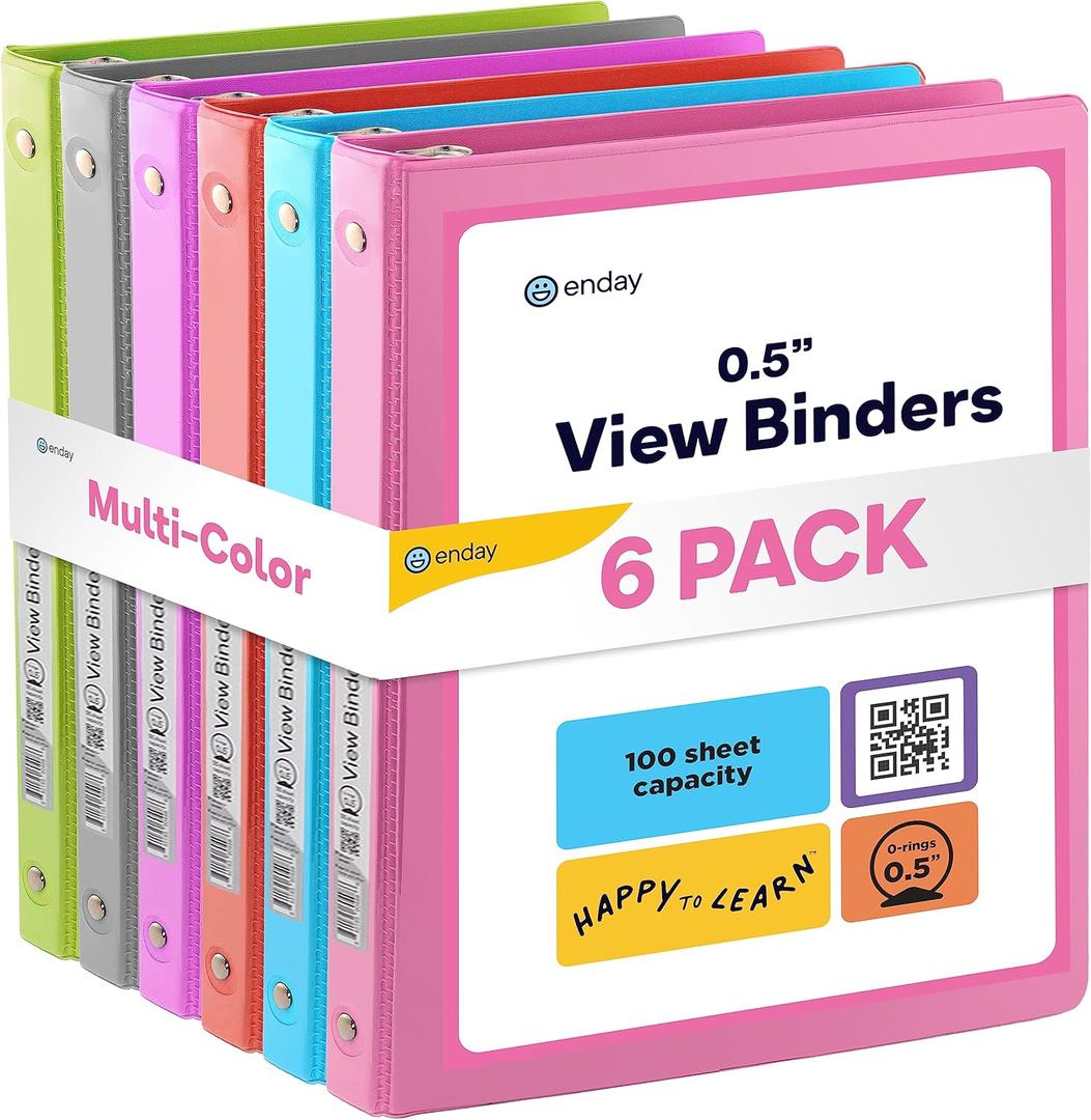 Inch 3 Ring Binder, .5 Inch Round Ring Clear View Cover with 2 Inside Pockets Binders, Colored School Supplies Binders in Grey, Pink, Blue, Purple, Green and Red, Multicolor (6 PC)  by Enday