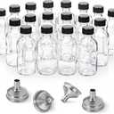 18 Pack, 2 oz Small Clear Glass Bottles w/ Lid & 4 Stainless Steel Funnels  60ml Boston Sample Bottles  Mini Travel Essential or Decorative Bottles for Potion, Juice, Wellness, Ginger Shots, Whiskey