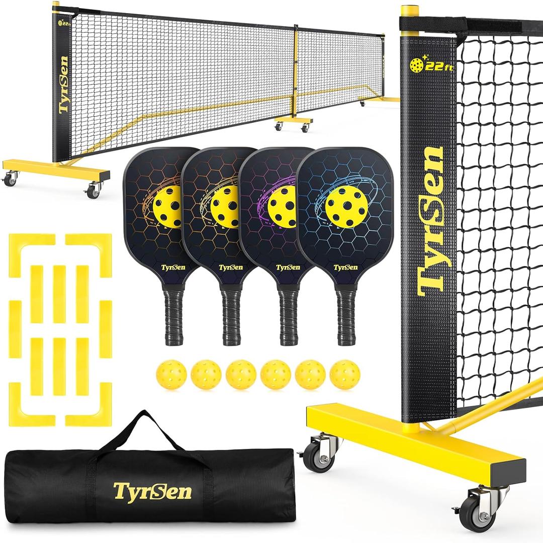 Pickleball Net Set, Pickleball Net on Wheels for Driveway Backyard, 22FT Regular Size, 4 Pickleball Paddles & 6 Balls, 12 Court Markers, 1 Carry Bag, Pickleball Set for Indoor Outdoor Play