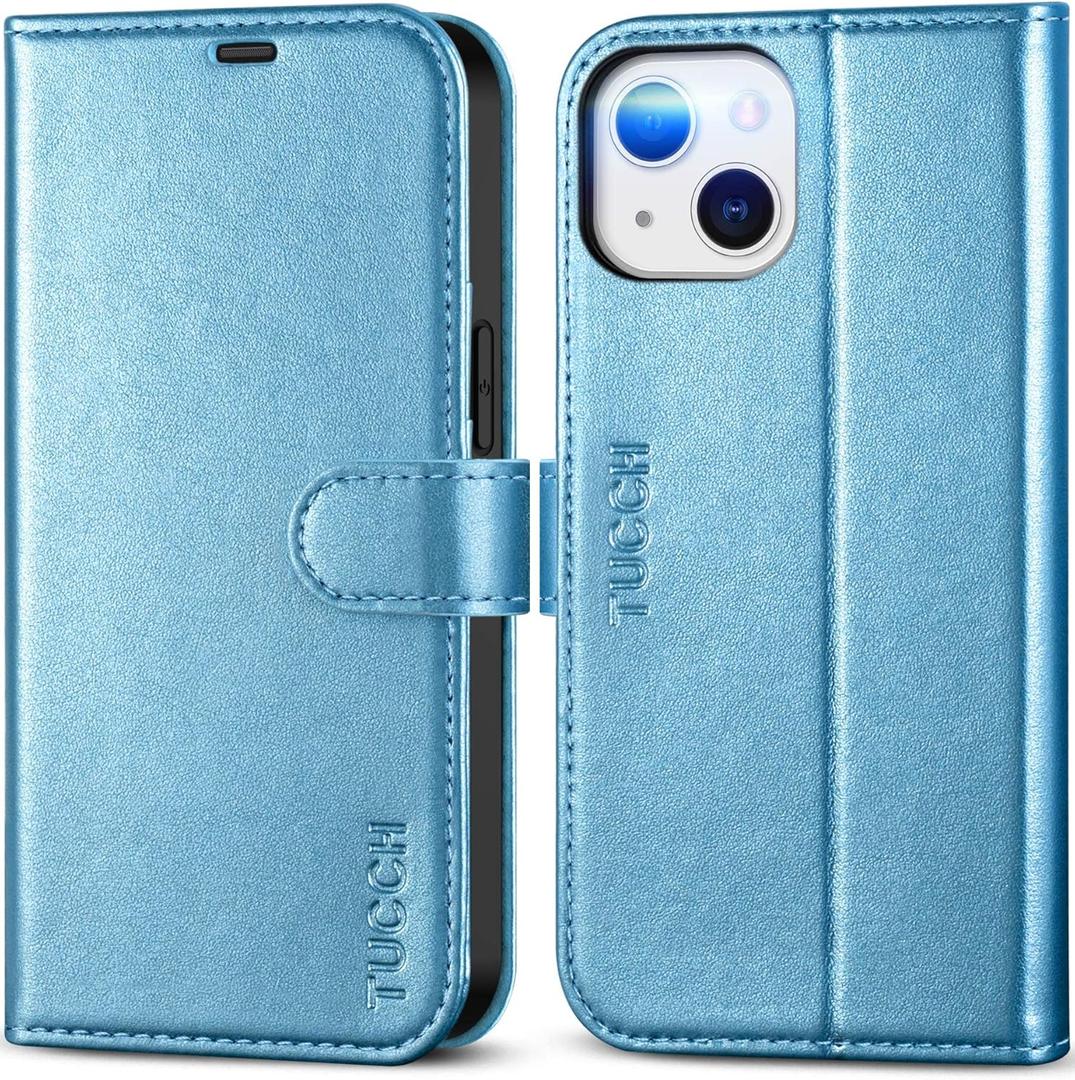 TUCCH Wallet Case for iPhone 13 6.1-inch 5G, [RFID Blocking] Card Slot Stand [Shockproof TPU Interior Case] PU Leather Magnetic Flip Cover Compatible with iPhone 13 6.1" 2021, Shiny Light Blue