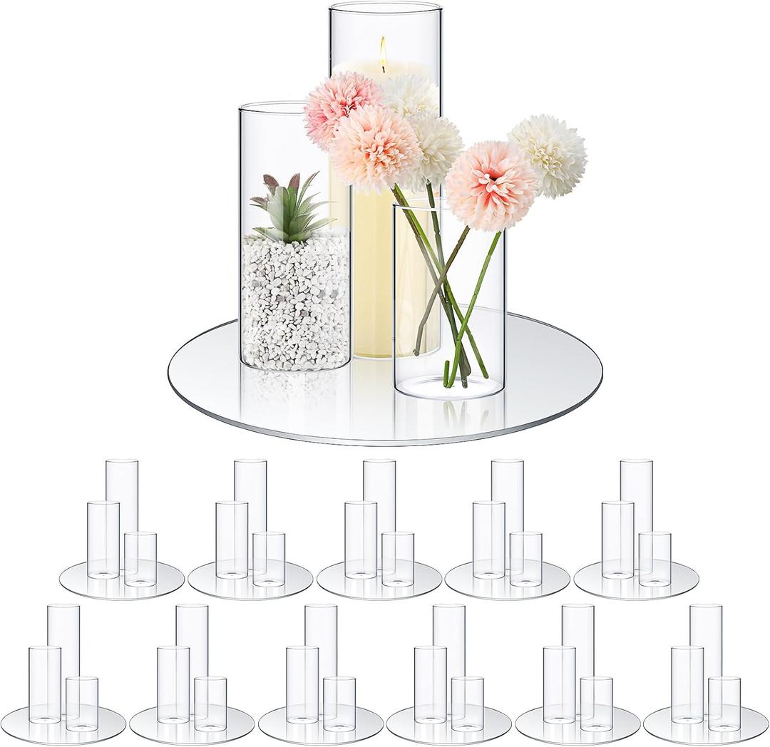 Sawysine 12 Sets 2. 6'' x 4. 7'', 5. 9'', 7. 9'' Cylinder Vase Centerpiece with Mirror Tray Included Round Glass Mirror Trays Glass Vases for Centerpiece for Wedding Table Baby Shower Party Decoration