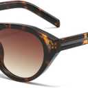 Long Keeper Retro Oval Sunglasses  Small Oval Cat Eye Sunglasses for Women Lady Trendy Round Cateye Shades for Travel Daily (Leopard Frame - Gradient Brown Lens)