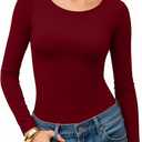MANGOPOP Womens Tops Long Sleeve Crew Neck t Shirts Double Lined Slim Fitted Lined Tight Basic Tee Shirt (Large, Red)