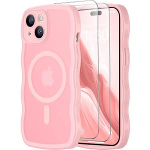 SPIDERCASE Magnetic for iPhone 15 Pro Case,[Curly Wave Edge] with [2 Tempered Glass Screen Protector] [Full Camera Protection] Anti-Fingerprint Anti-Scratch Phone Case, Pink