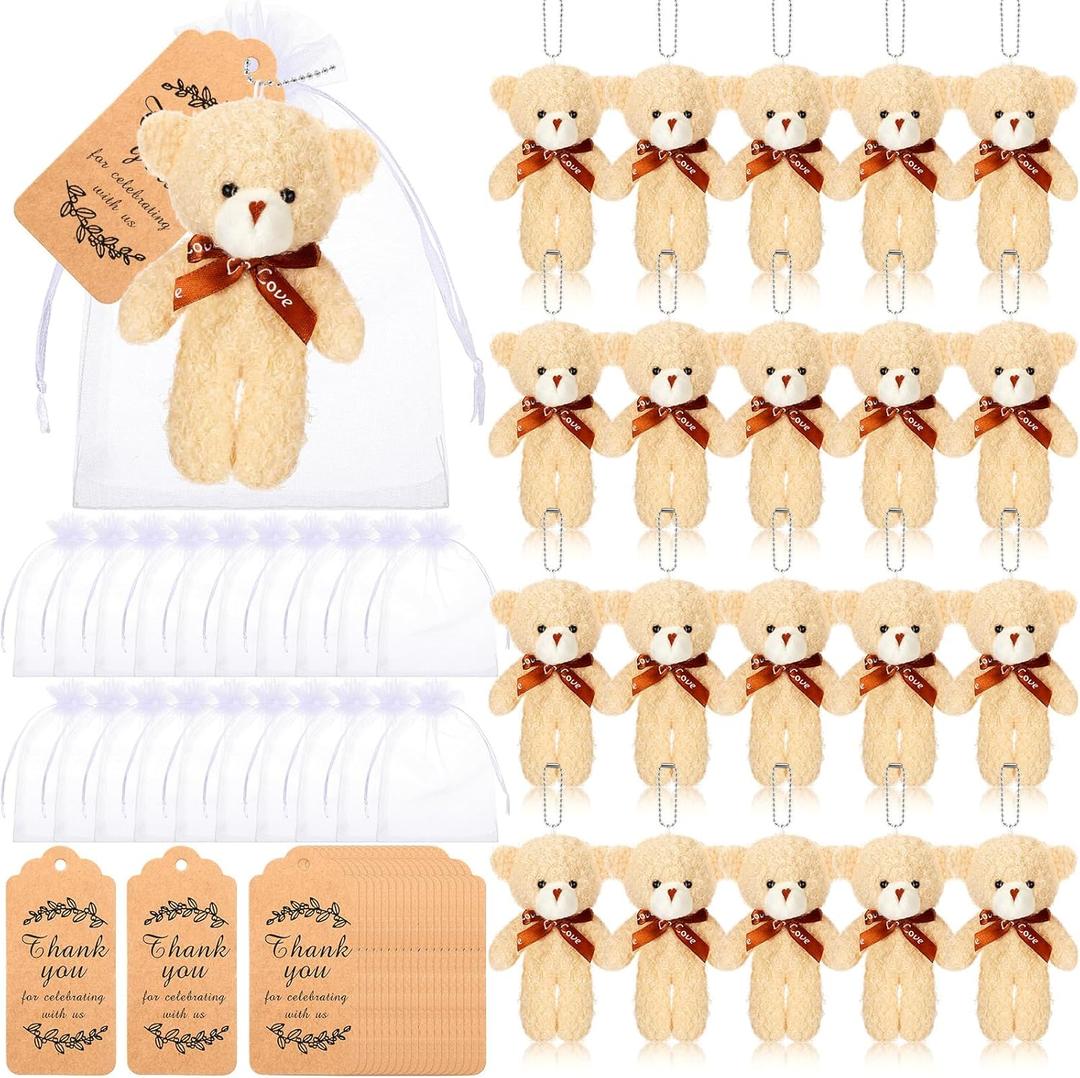 Lenwen 90 Pcs Bears Party Favors Mini Pocket Bear Bulk Tiny Stuffed Bear Baby Shower Decor 4.7 Inch Animal Keychains Doll White Organza Bag Thank You Tag for Valentine's Day Gifts Memorial Birthday