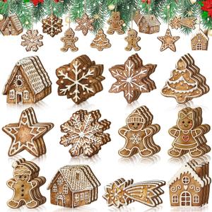 Quzzil 36 Pcs Christmas Gingerbread Ornaments for Tree Mini Snowflake Wooden Hanging Winter Xmas Ornaments with Ropes for Christmas Party Holiday Winter Crafts(Brown,Gingerbread House)