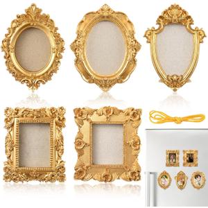 Leinuosen 5 Pcs Golden Refrigerator Mini Frames Magnetic Vintage Picture Display with Back Small Antique Picture Frames with Hooks and Rope Refrigerator Magnets Photo Display Christmas Decor, Style A