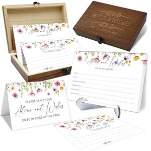 50 Pcs Advice And Wishes for The Mr And Mrs - Spring Wedding Advice Cards with Wood Box, Bride and Groom Well Wishes Box Keepsake, Bridal Shower Party Favors