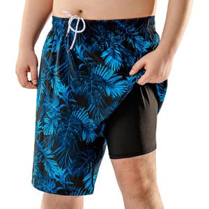 BRISIRA Big and Tall Mens Swim Trunks with Compression Liner Swimsuit Bathing Suit Swim Shorts Board Shorts Quick Dry 1X-6X (Blackbluetropical)
