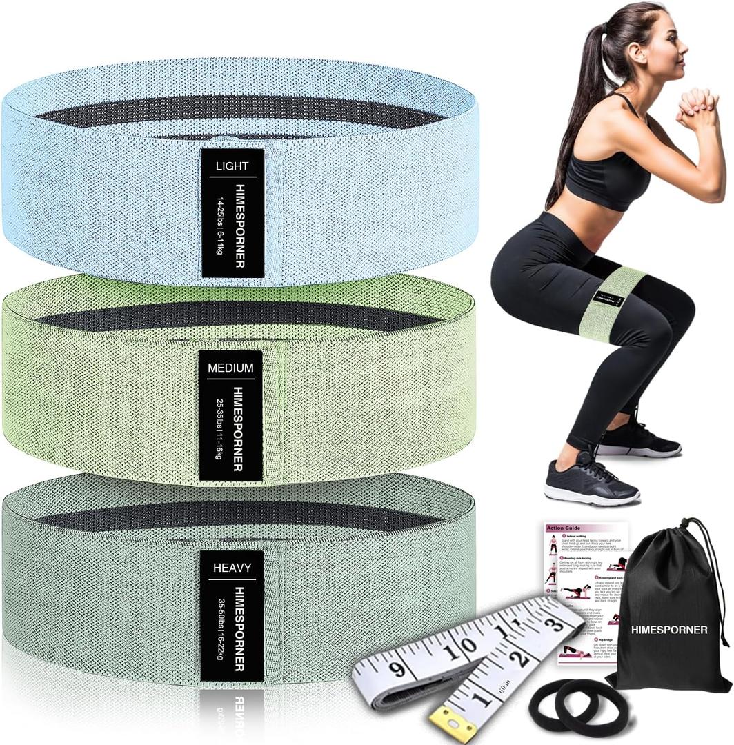 Wide Fabric Resistance Bands for Working Out, 3 Level Non-Slip Exercise Booty Bands for Women & Men Leg and Glutes with Hair Ties and Tape Measure - for Home Gym Workout, Yoga, Pilates (Blue and Green)