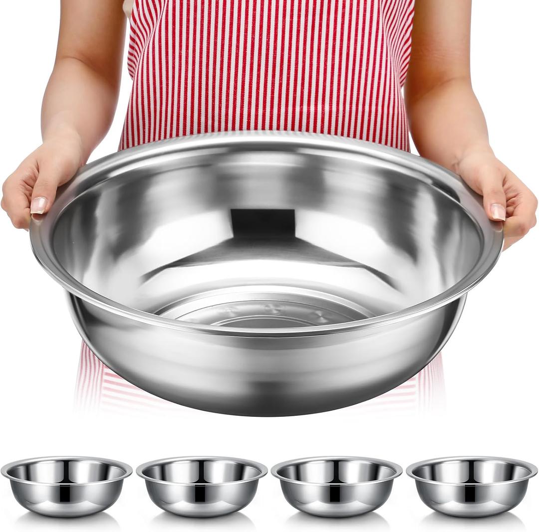 Nuogo 4 Pcs Stainless Steel Mixing Bowls Metal Mixing Bowls Extra Large Basin Salad Basin Deeper Edge Dishwasher Safe Mirror Finish for Home and Commercial, Silver (13 Inch 8 Qt)