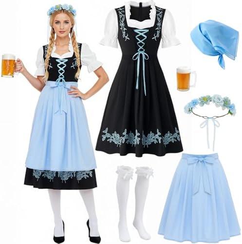 Mepase 5 Pcs Womens Oktoberfest Costume, Blue Dirndl Dress Headpieces Scarf Beer Mug Stocking German Oktoberfest Outfits Size L