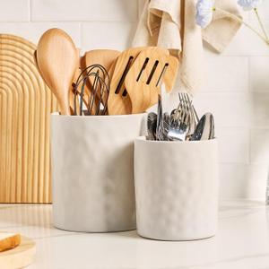 famiware Ocean Utensil Holder, 7.2"+5.8" Ceramic Kitchen Utensil Holder for Countertop, Cooking Utensil Crocks, Utensil Organizer for Spatula & Spoon, Kitchen Decor, Set of 2, Matte White