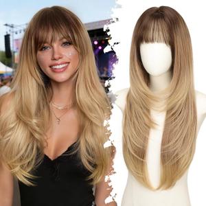 Long Honey Blonde Wig with Bangs for Women, 4x4 Realistic Scalp,Free Parting, Layered Hairstyle Synthetic Heat Resistant for Daily Party Use 26 inch