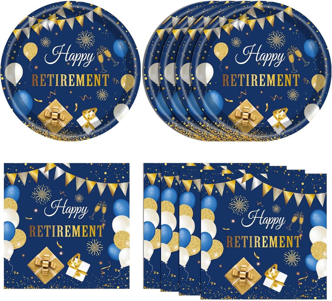 40 PCS Retirement Party Decorations Blue Gold Retirement Party Decorations Supplies Tableware Plates and Napkins for Woman Men Table Cloths Party Favors | Serve 20