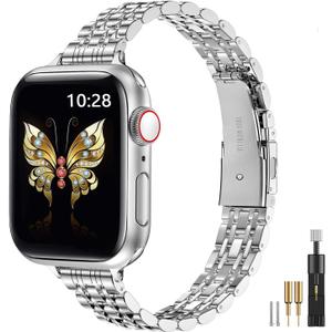 MioHHR Slim Metal Band Compatible with Apple Watch Band 42mm(Series 10) 41mm 40mm 38mm,Dressy Stainless Steel Chain Strap for Women iWatch Bands Series 9 8 7 6 5 4 3 2 1 SE,Silver