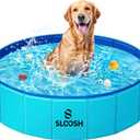 Sloosh Foldable Dog Kiddie Pool - Portable Hard Plastic Doggie Swimming Pool, Anti-Slip Collapsible Pets Bath Tub Suitable for Kids Toddler Indoor Outdoor Backyard Use (Blue, 32" x 8")