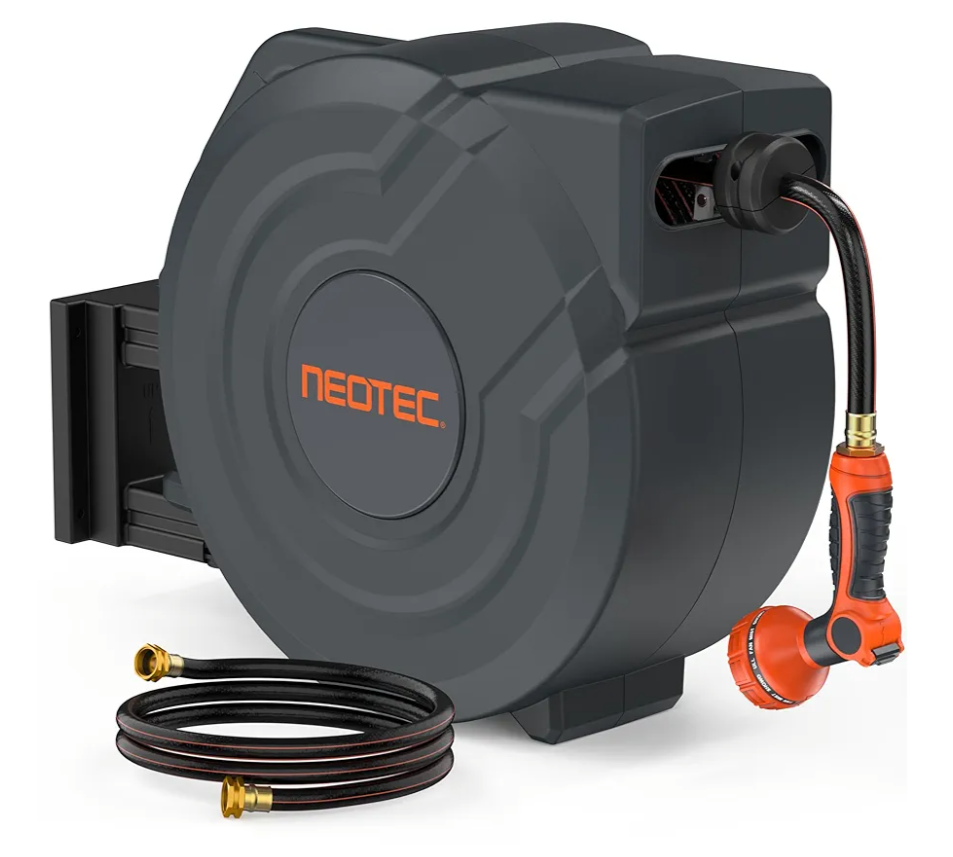 NEOTEC Retractable Garden Hose Reel 5/8 inch x 90ft - Wall Mounted Heavy Duty Hose Reel with 3/4 Inch Brass Fittings & 9-Pattern Nozzle - Auto Rewind System, Any Length Lock, 180° Swivel Bracket