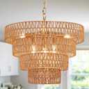19.7" Hand-Woven Rattan Chandelier - 6-Light Vintage Farmhouse Boho Bamboo Drum Wicker Golden Chandelier for Dining Room, Kitchen, Bedroom, E12