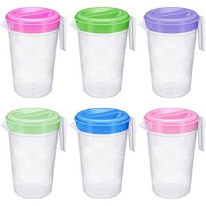 Honeydak 6 Pcs Round Clear Plastic Pitcher with Lid & Handle for Water Iced Tea Beverages (6 Packs Assorted Color) Jarras Para Aguas Frescas Plastic Pitcher for Easy Pouring