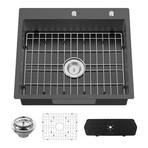 Black Kitchen Sink, 25x22x6 Inch Low Height Design Single Bowl Stainless Steel Drop In Kitchen Sink Come With Accessories Ensure Individuals With Limited Mobility Easily Accessing And Using