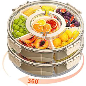 Small Divided Serving Tray with Lid and Handle, Stackable Snackle Box Container for Fruits Candy Organizer, Portable Spinning Rounded Veggie Tray for Kitchen, Party, Trave and Picnic-2 Pack (10.5" L-2pcs (White))