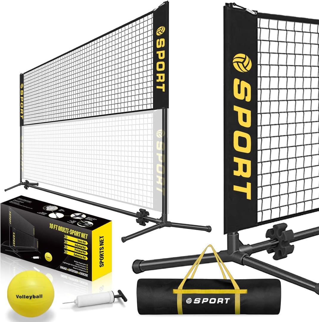 10 FT Mini Portable Tennis Net Equipment Set with Rubber Volleyball,Pump and Potable Carry Bag.Adjustable Height 2.7FT-5.1FT for Badminton Net, Volleyball Net, Soccer Net, Pickleball Net