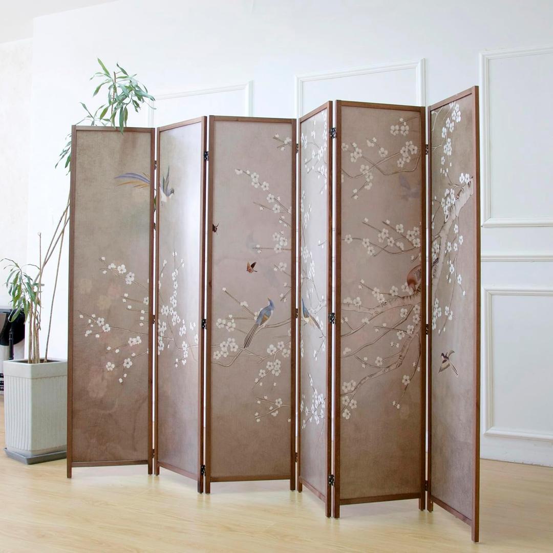 Furnnylane 6 Panel Room Divider for Room Separation, 5.6 ft Tall Double Sided Blackout Folding Privacy Screen - Freestanding Wall Partition with Plums and Birds Scenery for Home Office (67"H x 94.5"W)